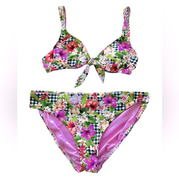 Bleu Rod Beattie 2 Piece Bikini Set Top Bottom Swimsuit Floral Gingham Size M/L - Picture 1 of 5